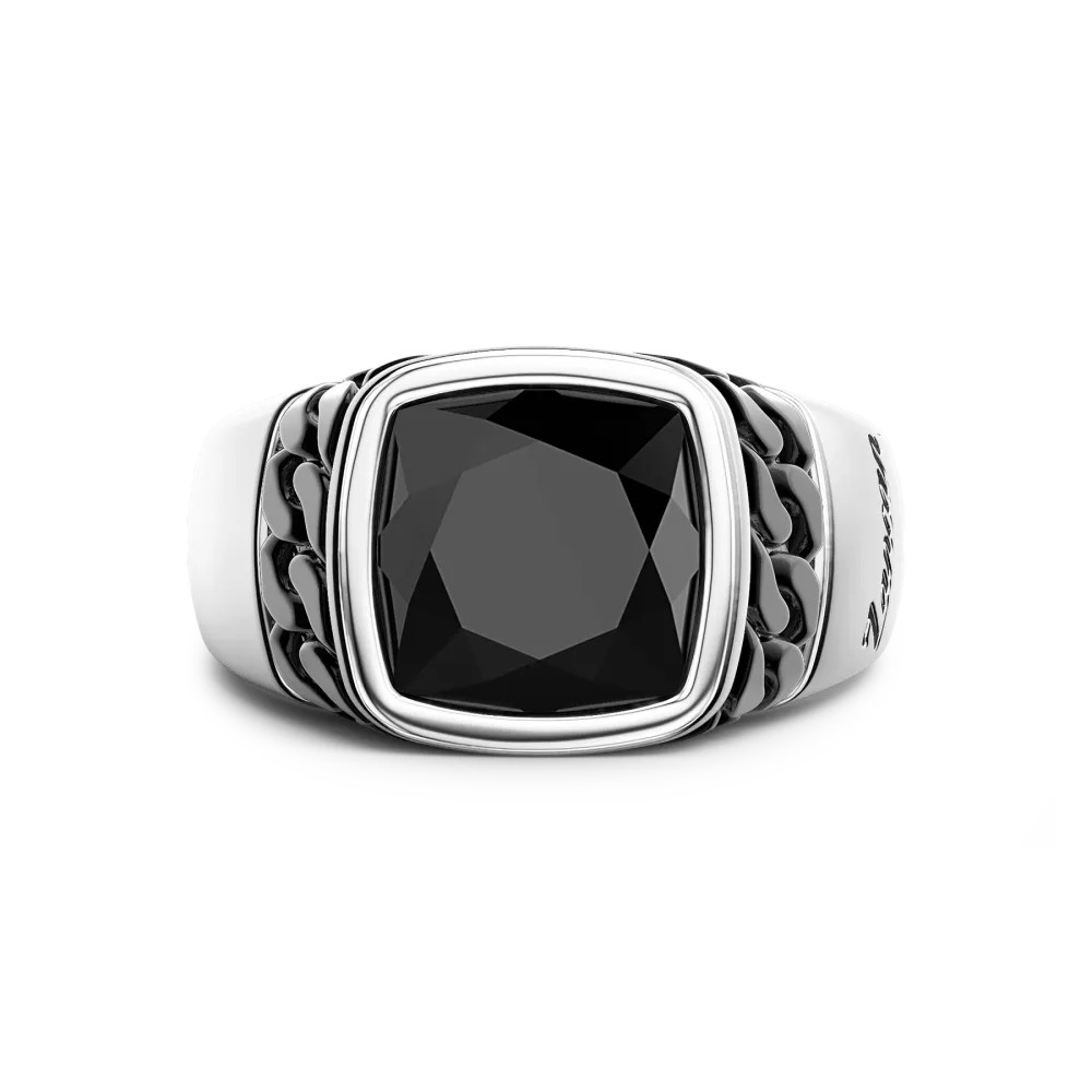Anello in argento bianco e nero con onice naturale.