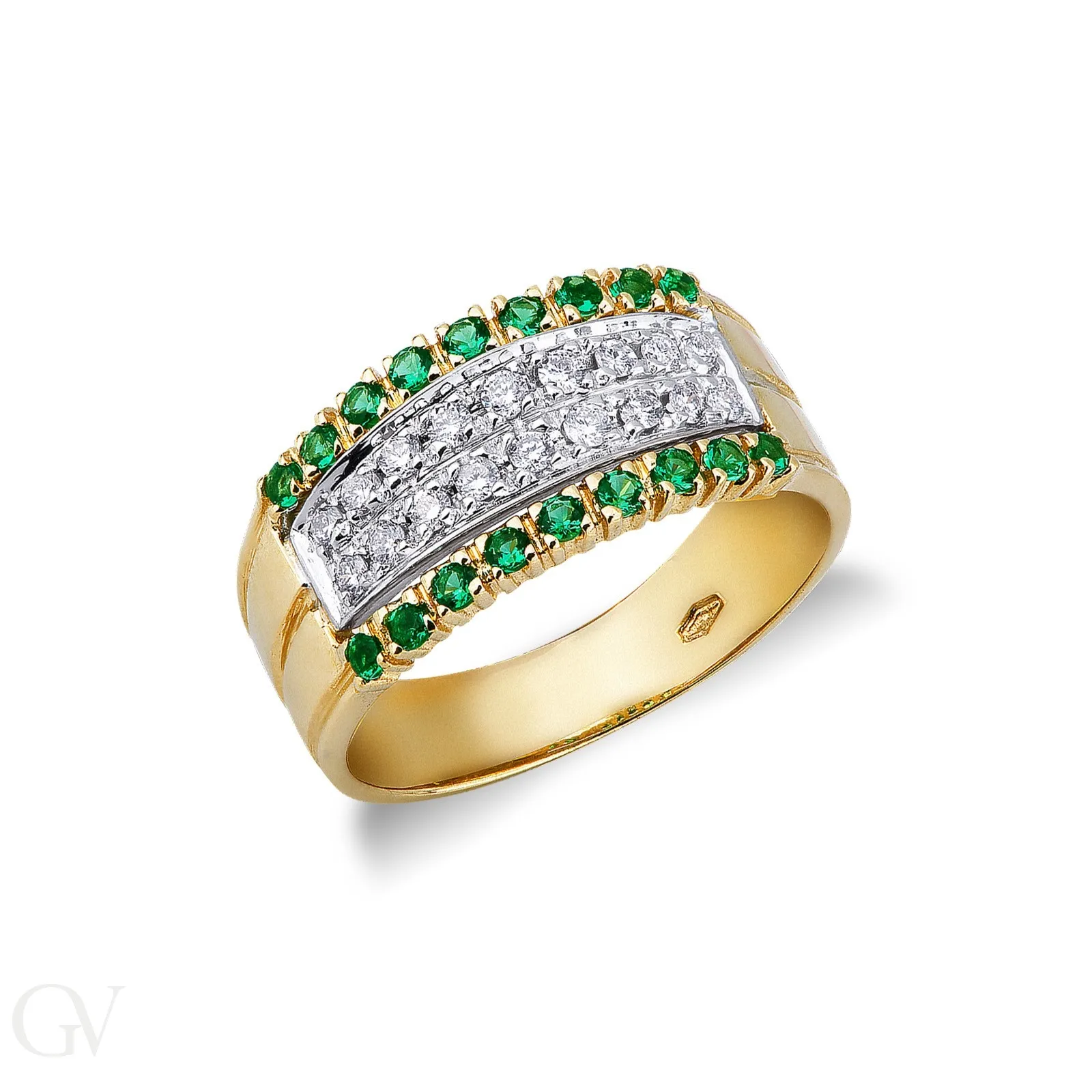 Anello in oro giallo 18k con diamanti e smeraldi.