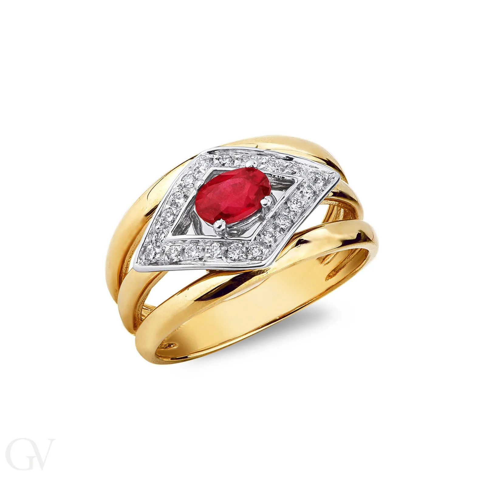 Anello in Oro giallo e bianco 18k con rubino e rombo in diamanti