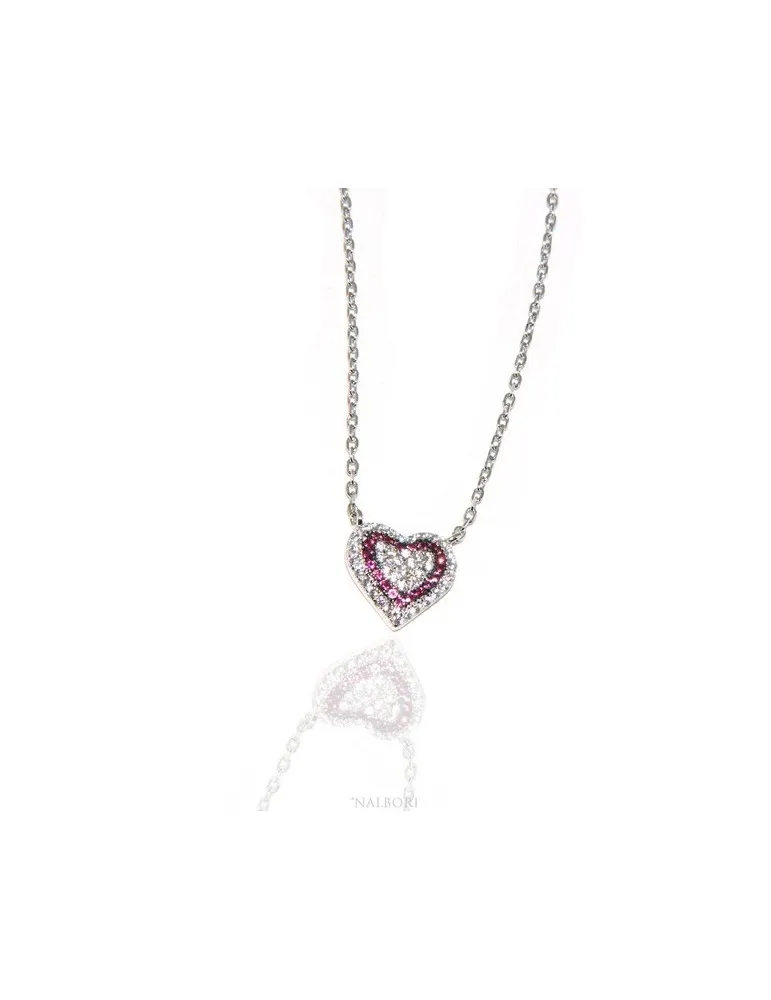 Collana Collier donna ARGENTO 925 con pendente cuore pavè micro pietre bianche e rosso rubin