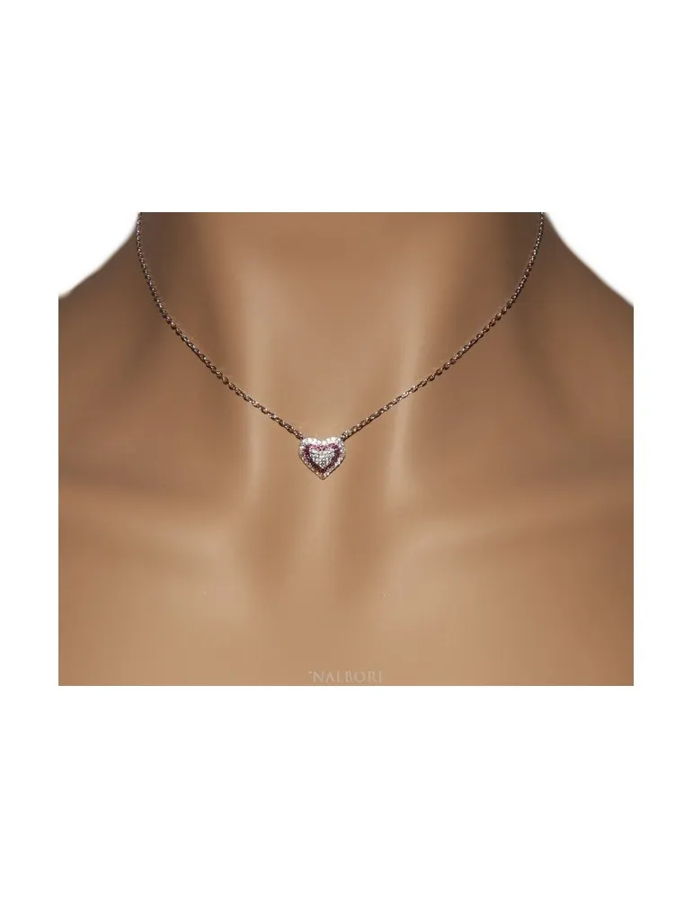 Collana Collier donna ARGENTO 925 con pendente cuore pavè micro pietre bianche e rosso rubin