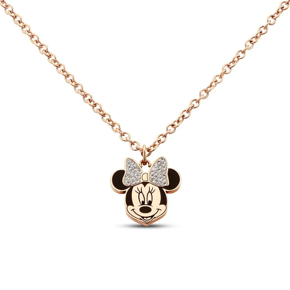 Collana Minnie Mickey Mouse & Friends Acciaio Rosa Maglia Forzatina Cristallo Bianco 42 + 3 cm 1672055