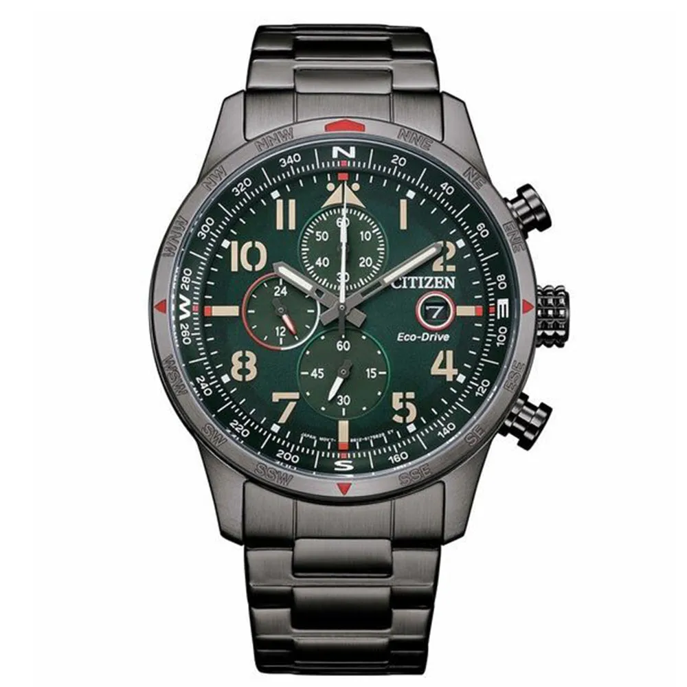 Cronografo Uomo Aviator Eco Drive Verde Ip Nero Citizen