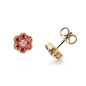 Orecchini fiore in oro giallo 18k con diamanti e rubini