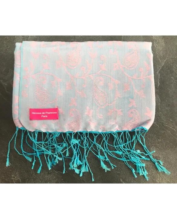 Pashmina in seta Glicine e notte Ricamato rosa pallido e celeste 70 x 180cm