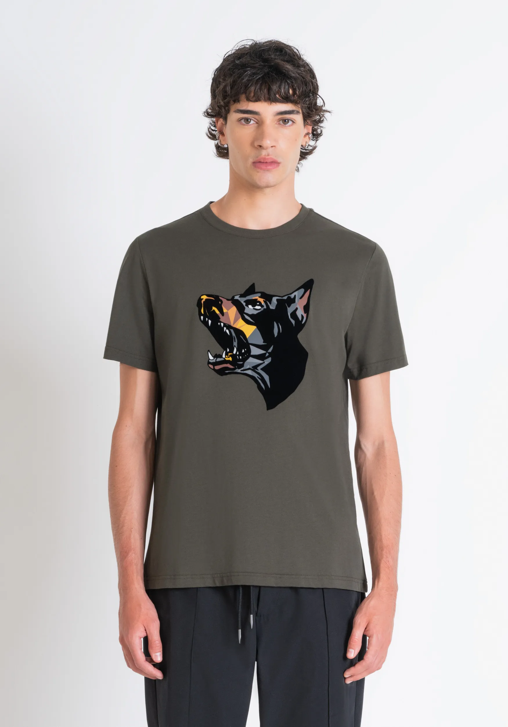T-SHIRT REGULAR FIT IN JERSEY DI COTONE VERDE CON STAMPA DOBERMANN