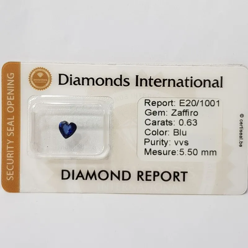 Zaffiro Cuore Blu 0.63 ct Certificato in Blister